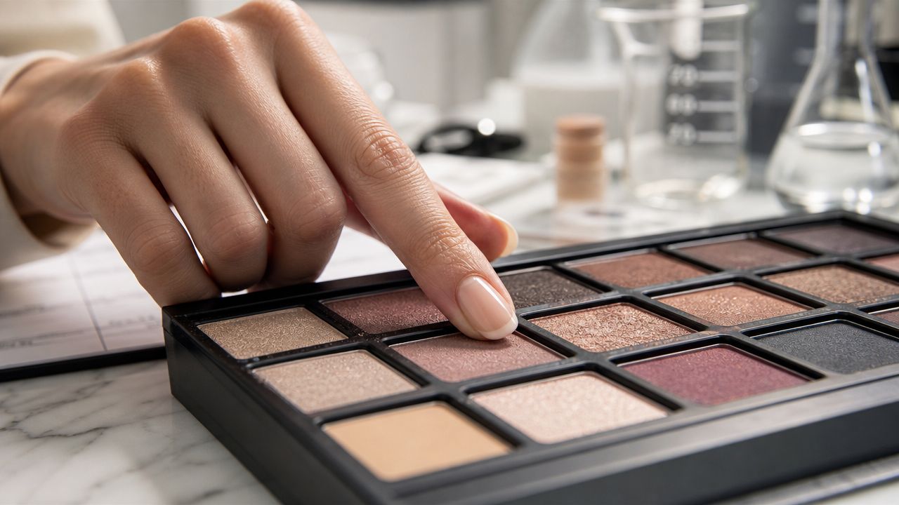 A close-up view of a person using their finger to touch a shade in an eyeshadow palette