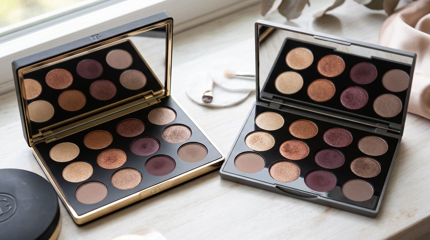 Two open eyeshadow palettes with various shades of brown and neutral colors sitting on a white table.