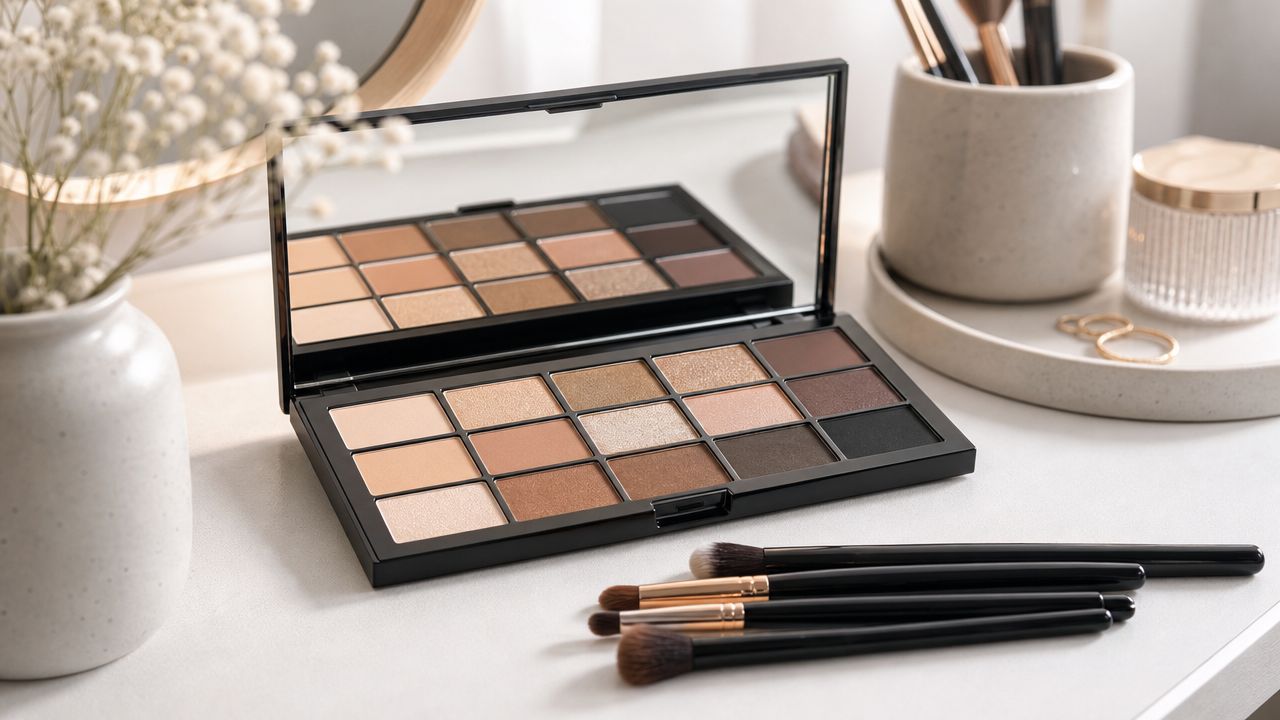 A professional eyeshadow palette with neutral shades and makeup brushes on a white vanity table.
