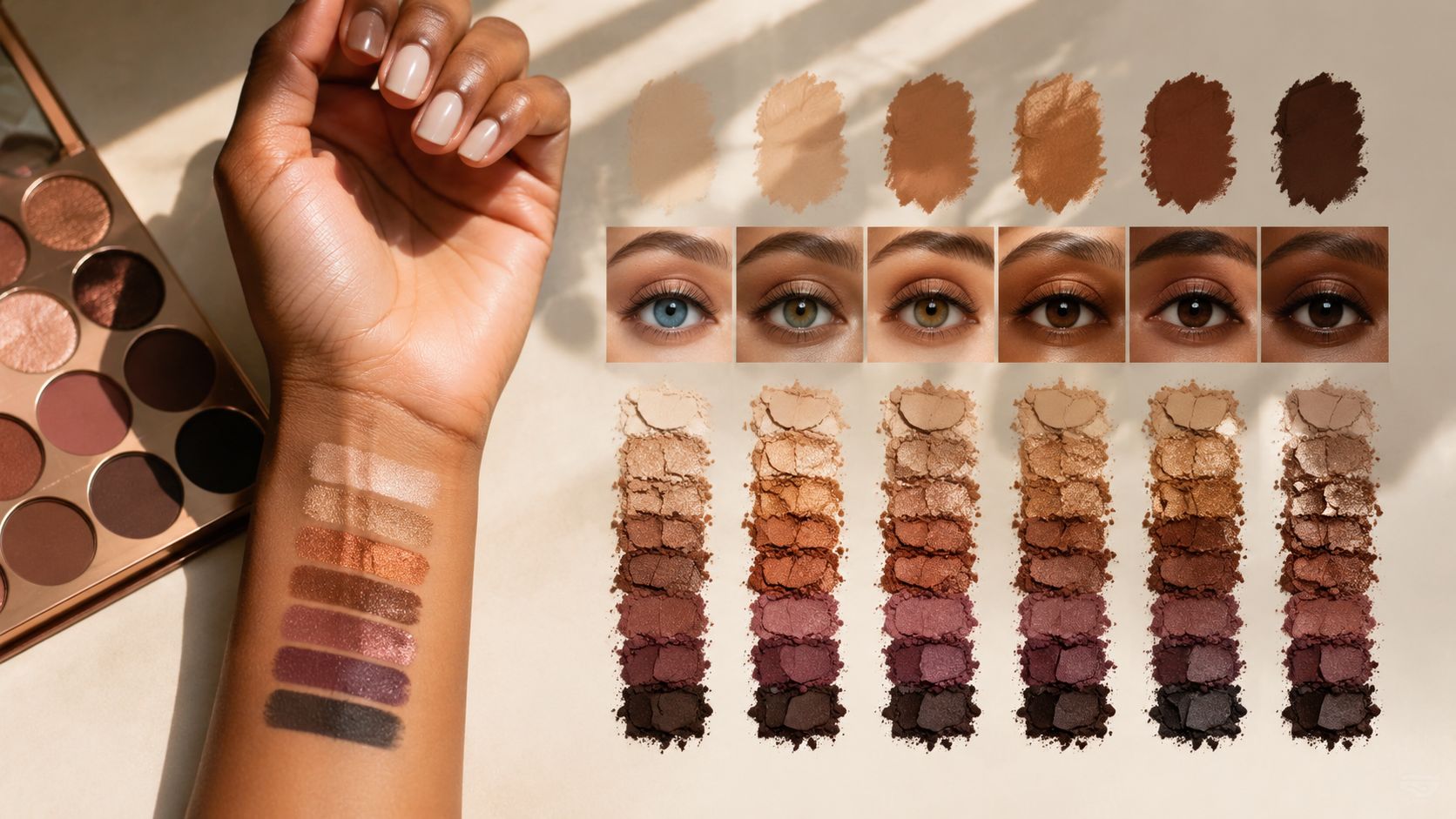 A hand showing eyeshadow swatches with various eye color palettes and makeup shades for diverse skin tones.