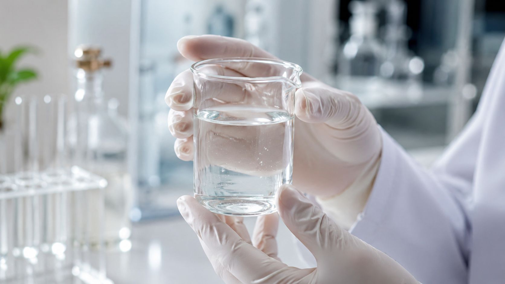A scientist in a laboratory holding a clear glass beaker filled with a transparent liquid solution.