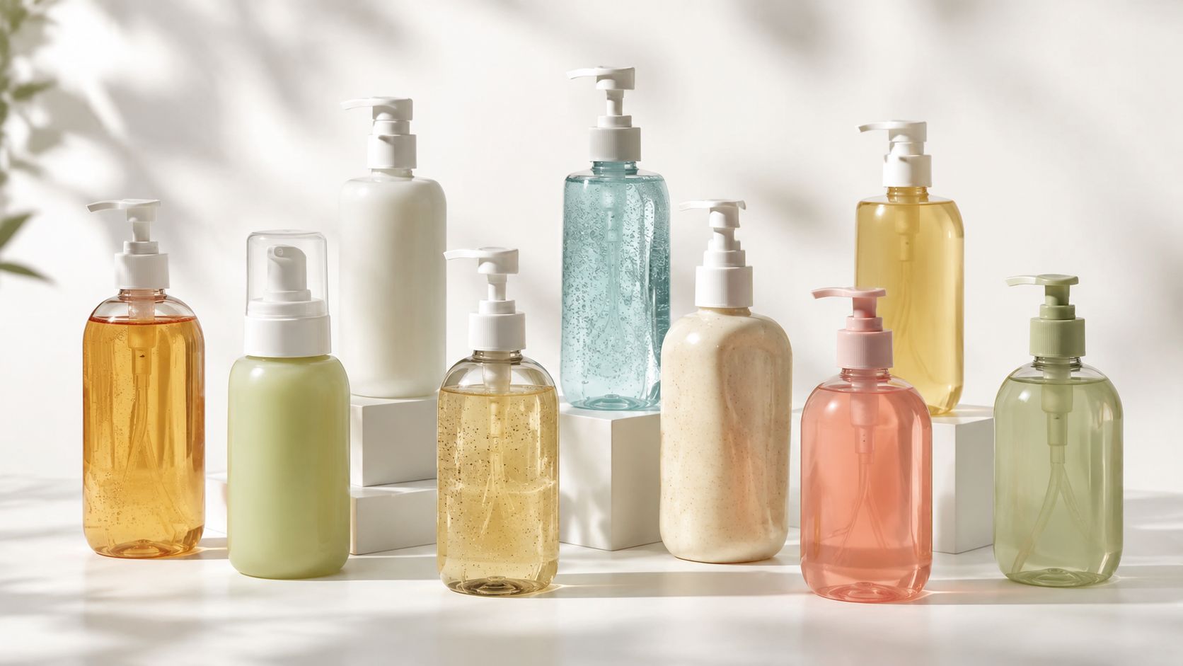 A collection of colorful skincare and body wash bottles with pump dispensers displayed on white platforms.
