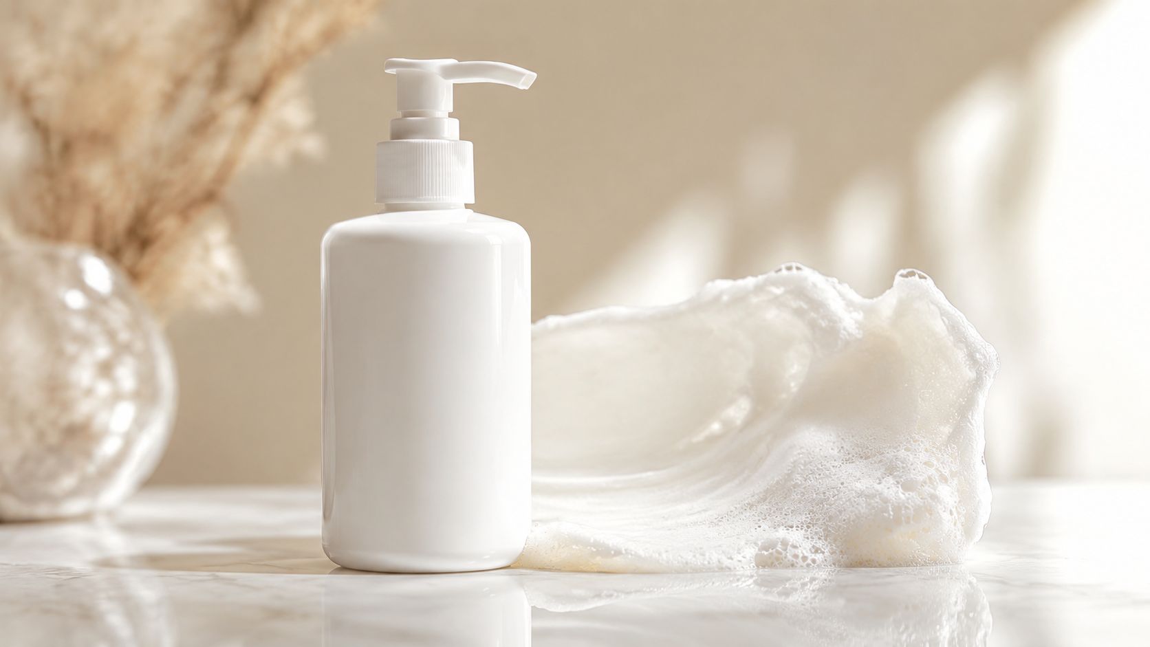 A white pump bottle of skincare cleanser next to a fluffy cloud of foam on a marble surface.