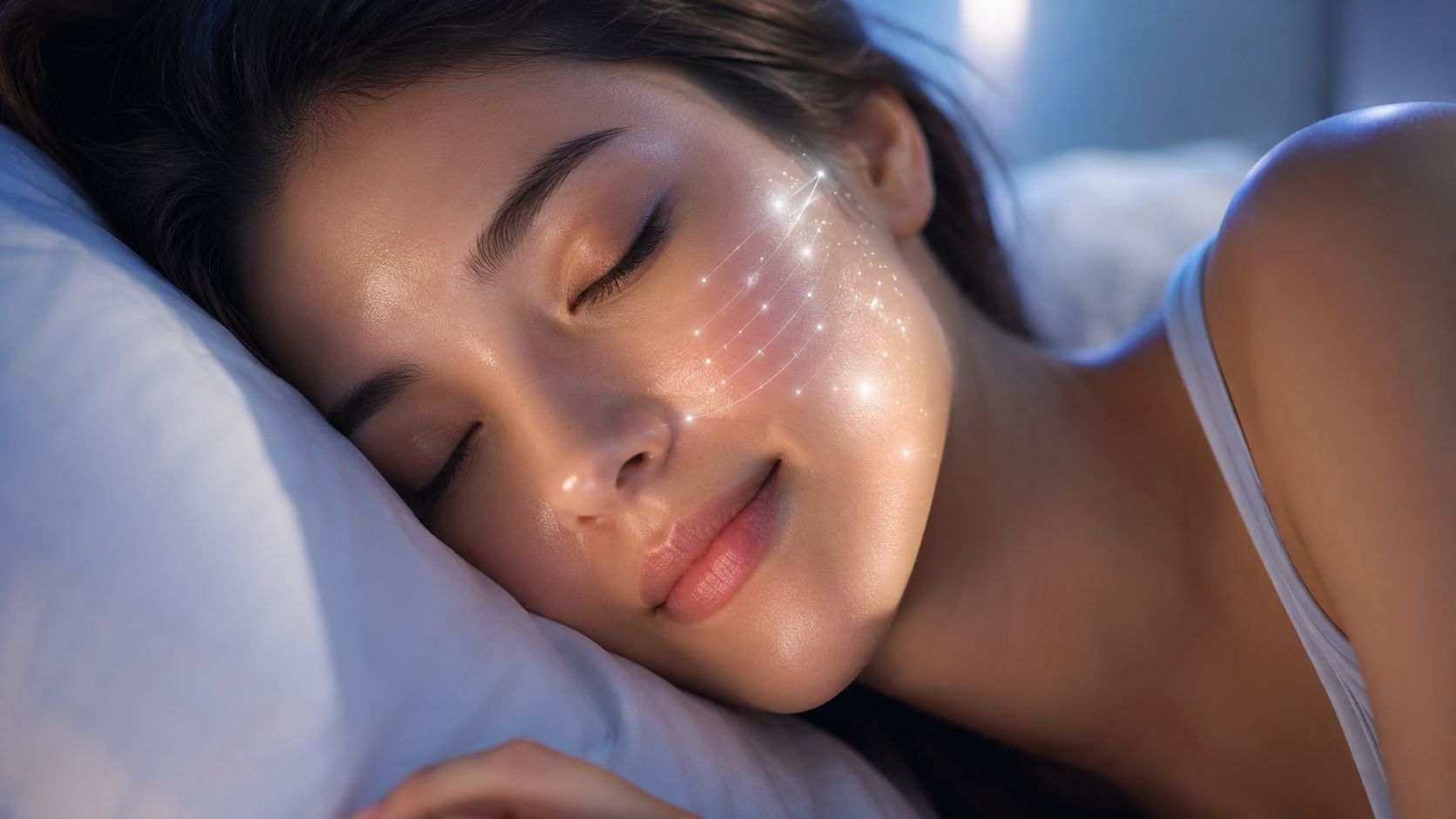 A young woman sleeping peacefully on a pillow with a glowing radiant skin effect on her face.