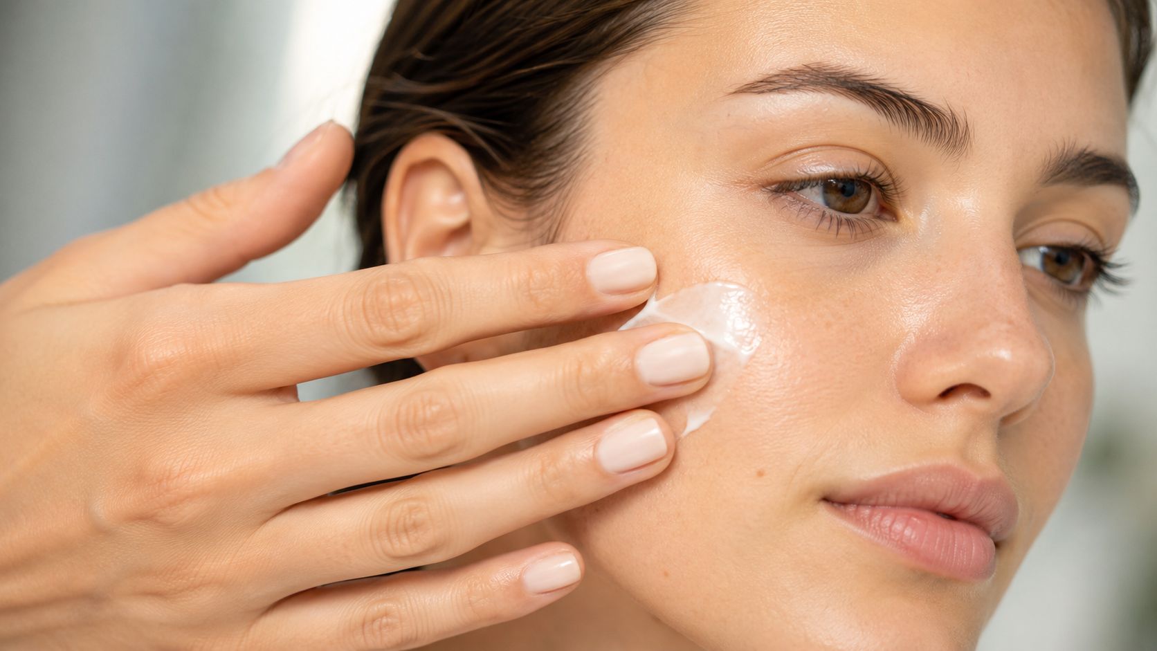 A close-up of a person applying a smooth white moisturizing cream to their face with fingers.