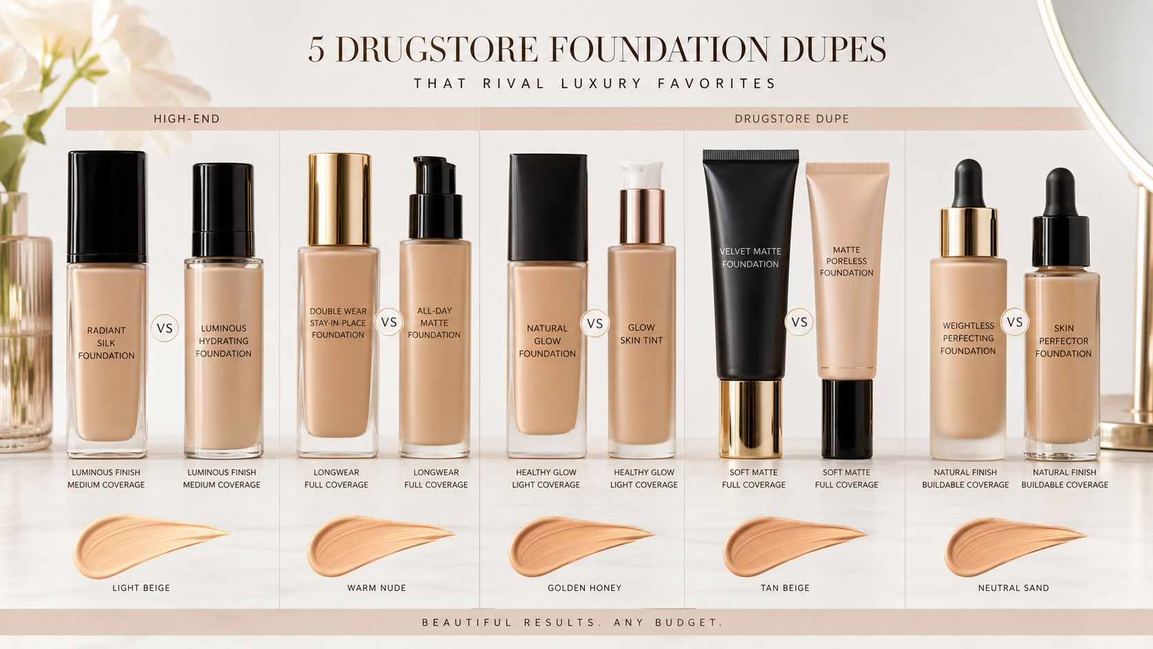 A product comparison chart showing five high-end luxury foundations next to their affordable drugstore alternatives.