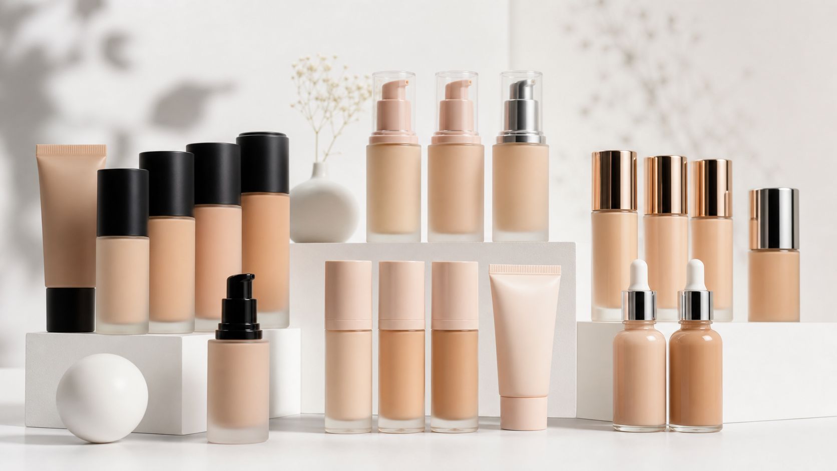 A collection of various liquid foundation bottles and tubes arranged on white pedestals in a studio setting.