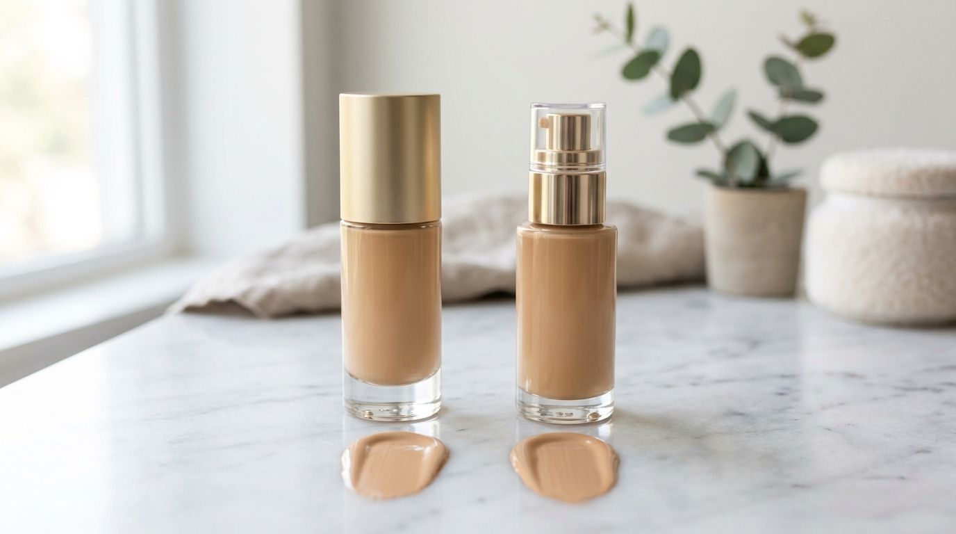 Two glass bottles of liquid foundation sitting on a white marble surface with product swatches in front.