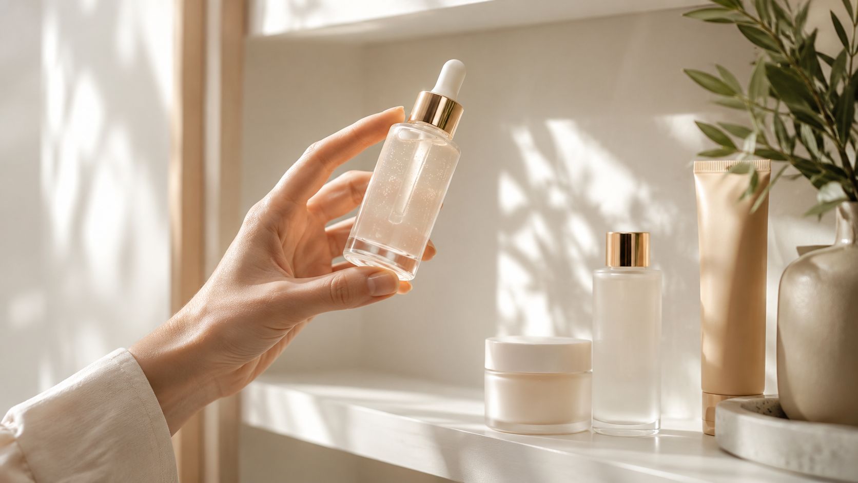 A hand holds a luxury clear serum bottle against a shelf with other beauty products in sunlight.
