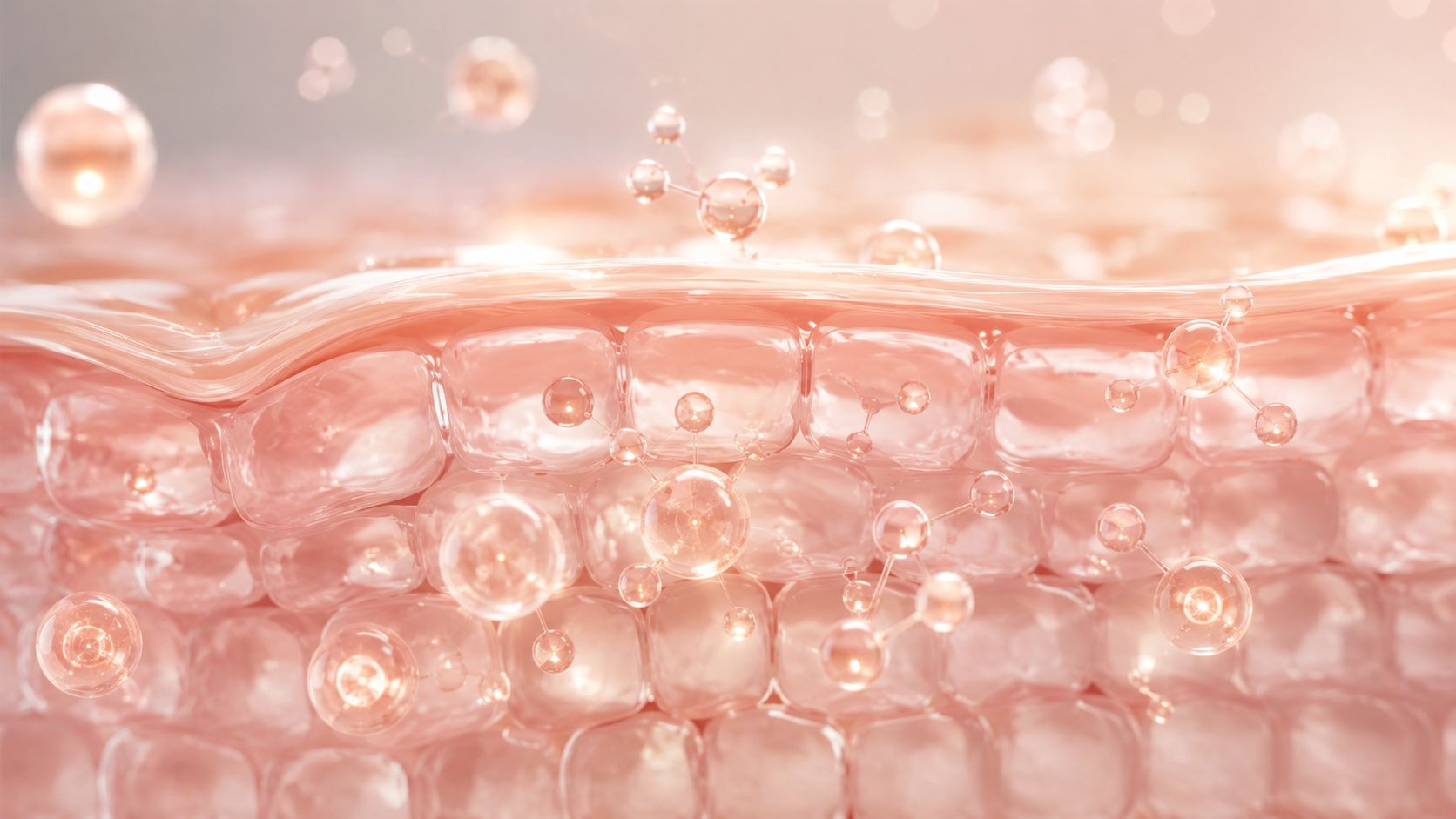 A microscopic view of skin cells with molecular structures, illustrating skincare science and serum absorption.
