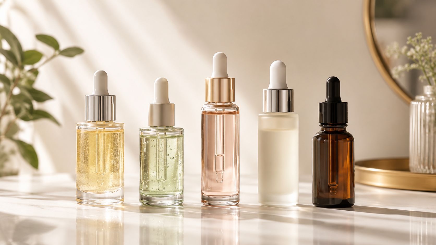 A collection of five different glass skincare dropper bottles arranged in a row on a marble surface.