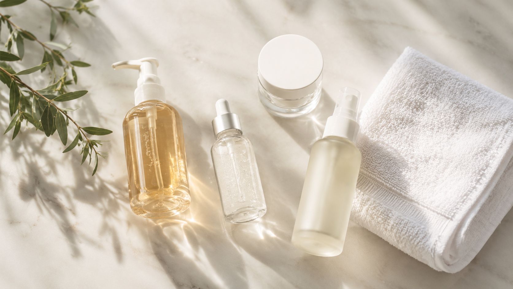 A collection of skincare products including a pump bottle, dropper serum, cream jar, and a white towel.