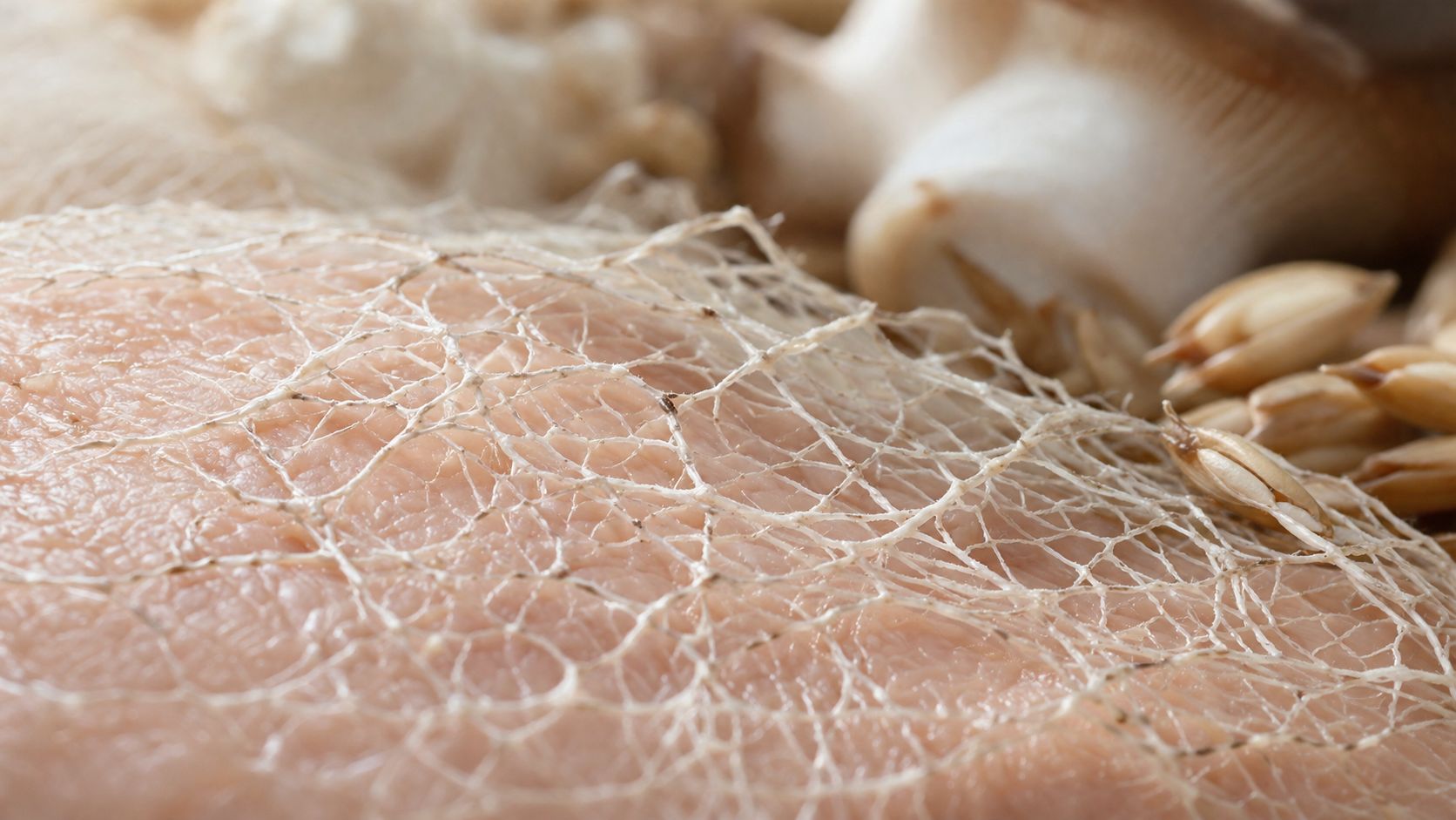 Close-up of raw chicken skin wrapped in a thin netting with mushrooms and grains in background