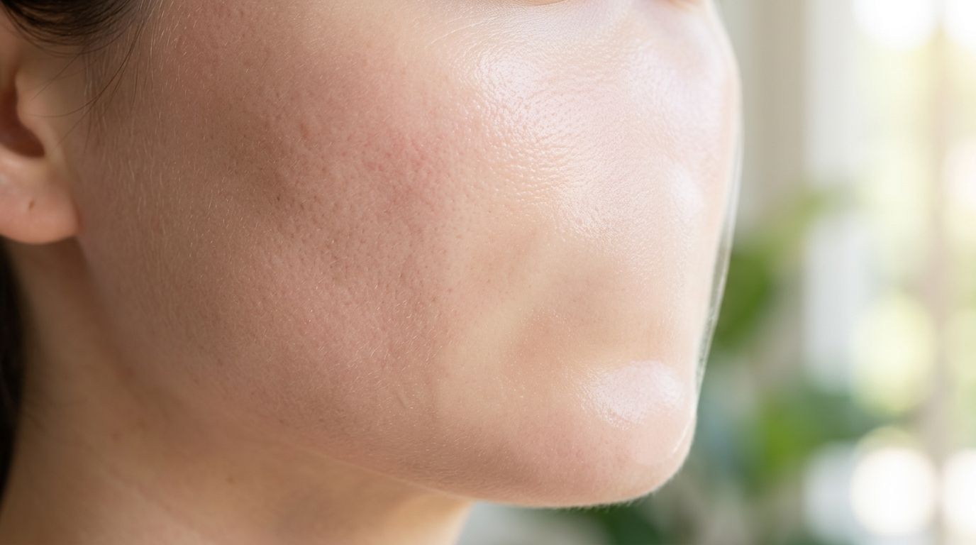 Close-up of a person's healthy, hydrated facial skin showing natural texture and glowing complexion.