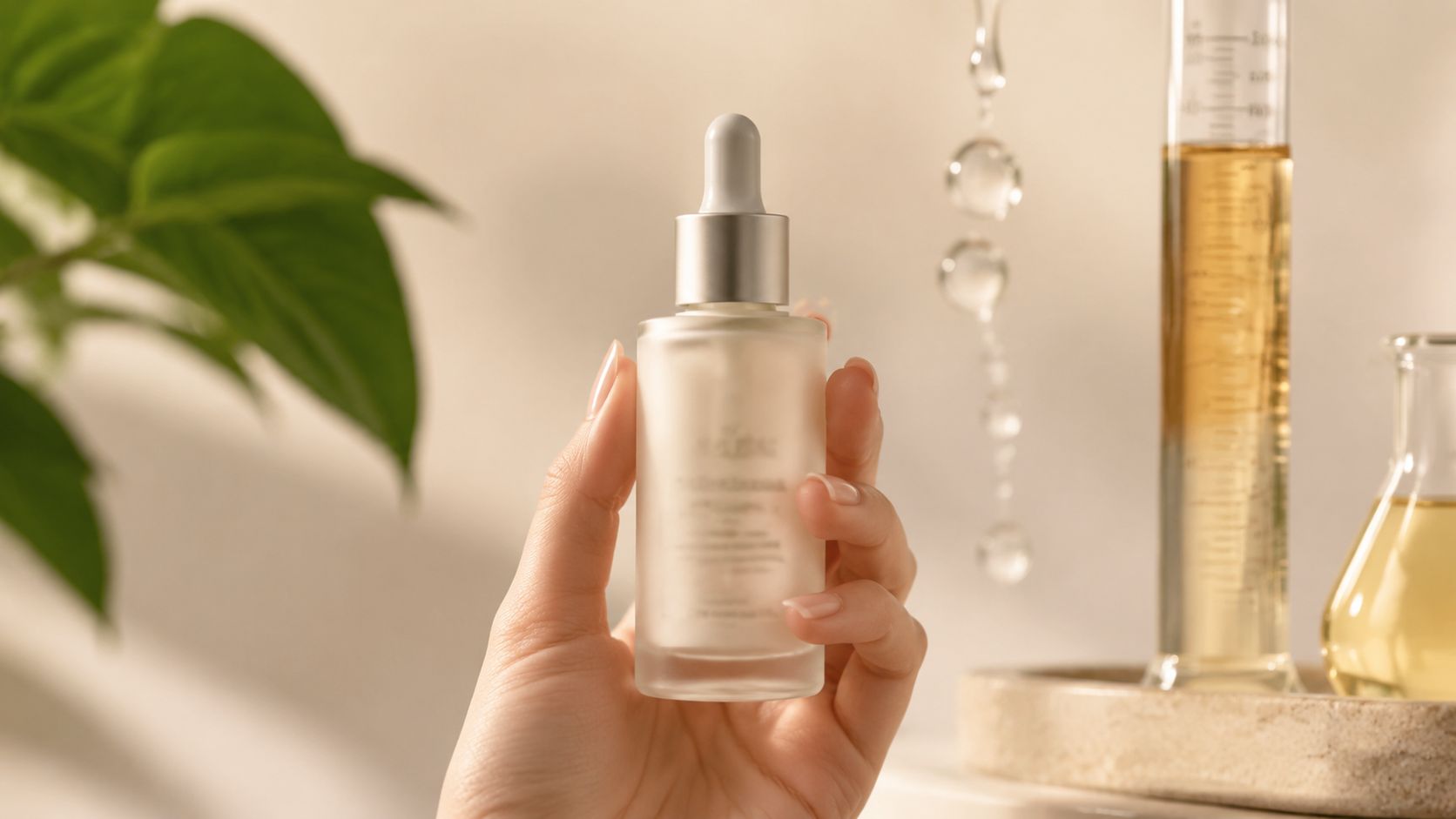 A hand holding a glass dropper bottle of beta glucan skin care product next to laboratory equipment.