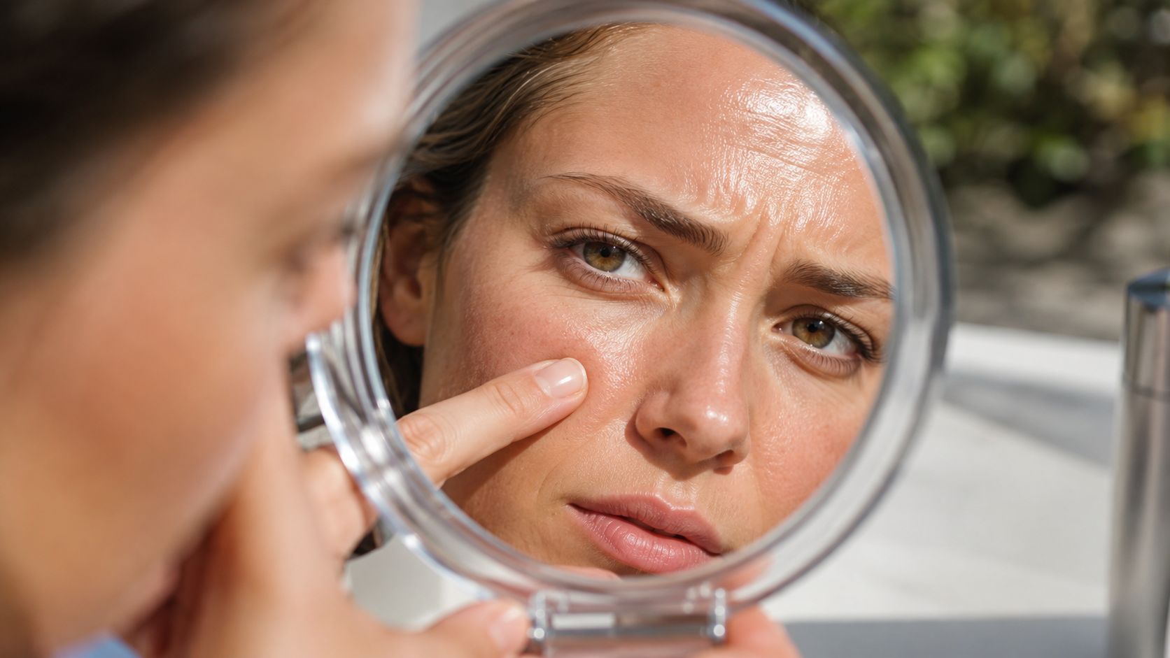 A woman looks in a mirror with concern while touching her oily skin on her cheek.
