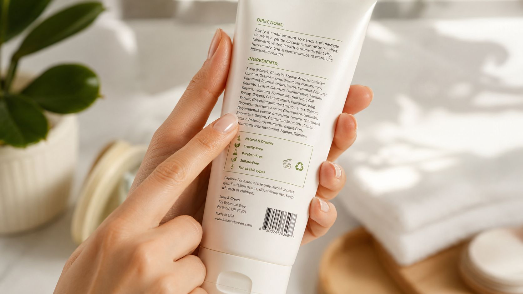 A person holds a white tube of Luna & Green skincare product showing ingredients and directions.