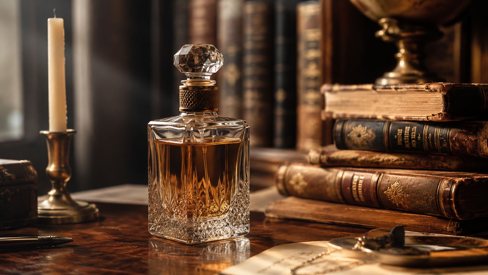 A luxurious glass perfume bottle sitting on a wooden desk near antique books and a lit candle.