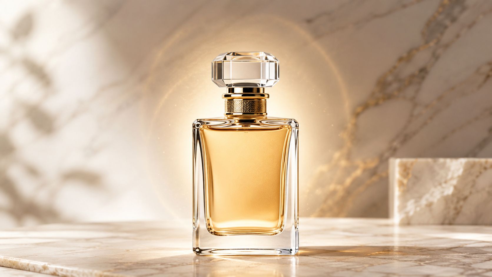 A sophisticated perfume bottle with gold liquid stands on a marble surface against a bright background.