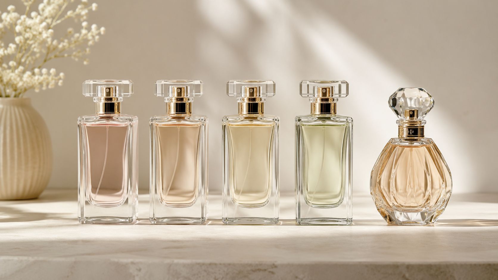 A row of four rectangular perfume bottles and one rounded bottle on a marble surface.