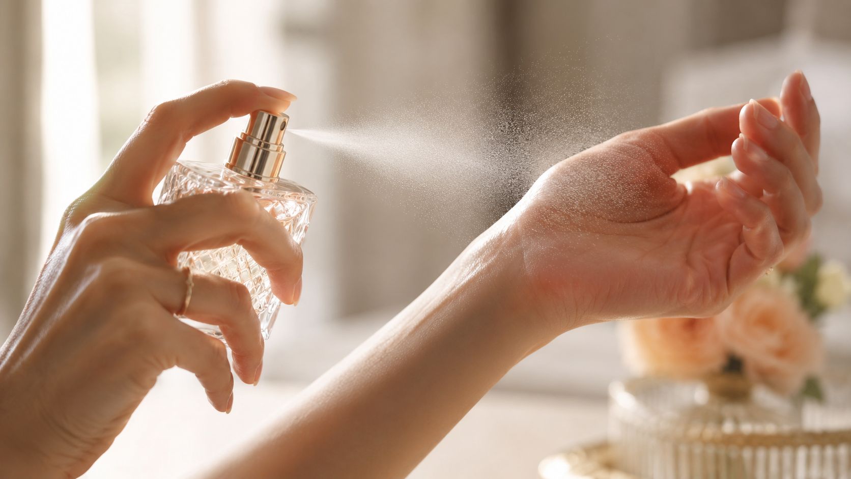 A close-up view of a woman spraying perfume from a decorative glass bottle onto her wrist.