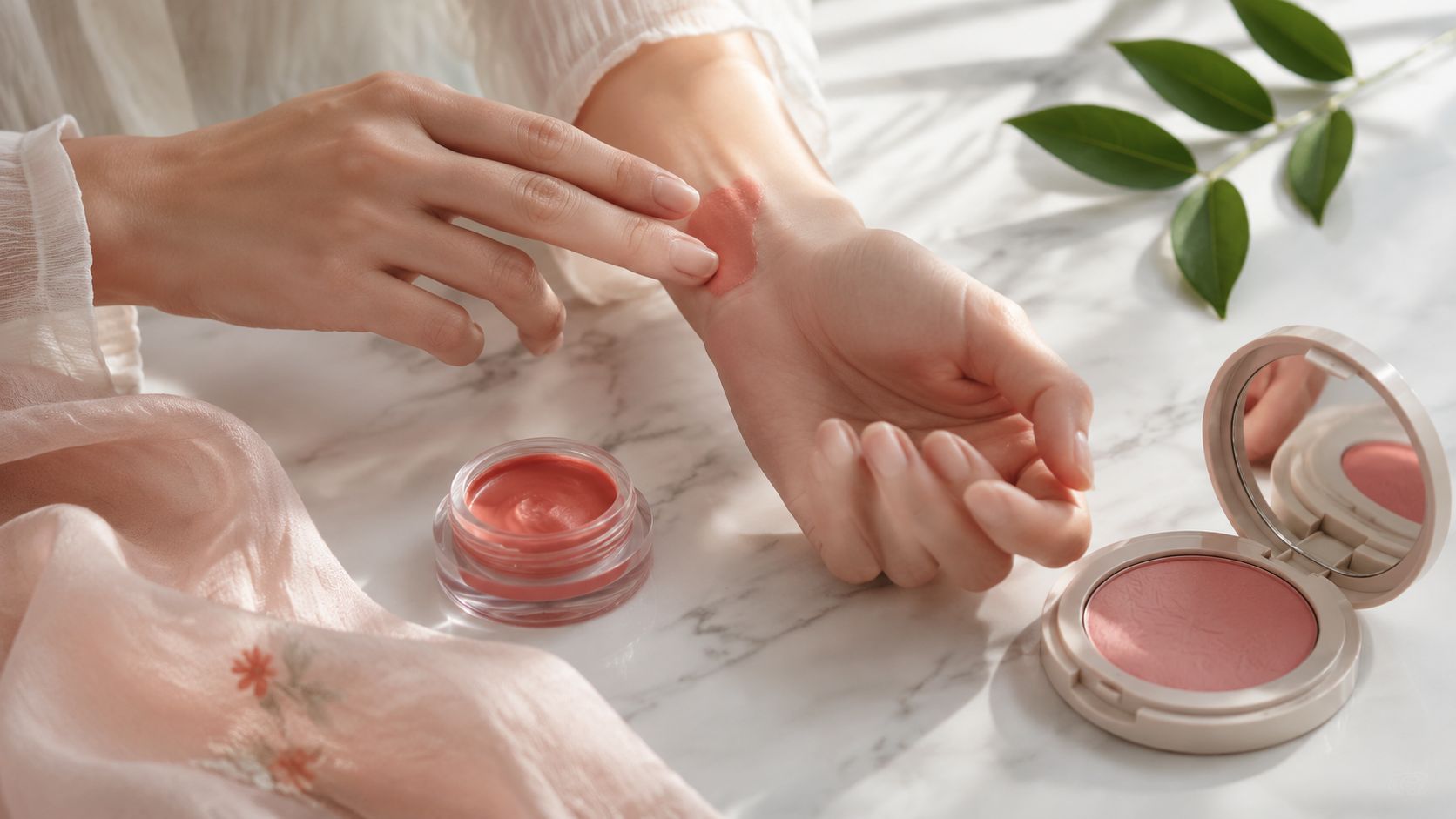 A person applying a cream blush sample to their wrist next to a compact powder blush palette.