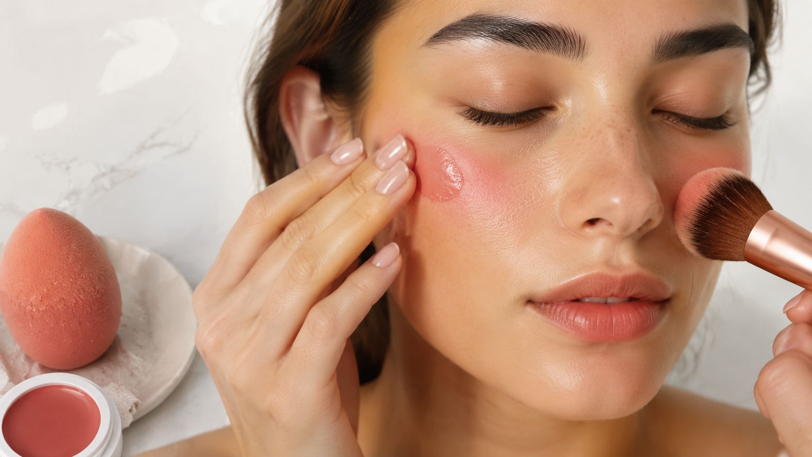 A woman applying cream blush to her cheek using her fingers while holding a makeup brush.