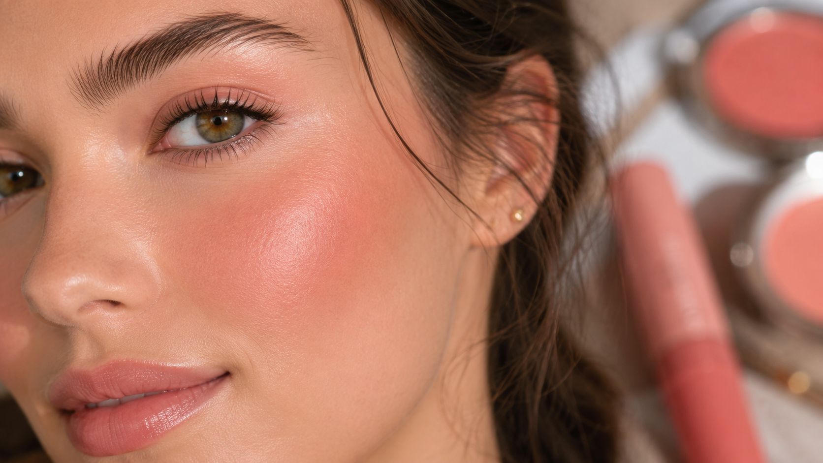 A close-up portrait of a woman wearing natural cream blush makeup with blush products blurred behind.