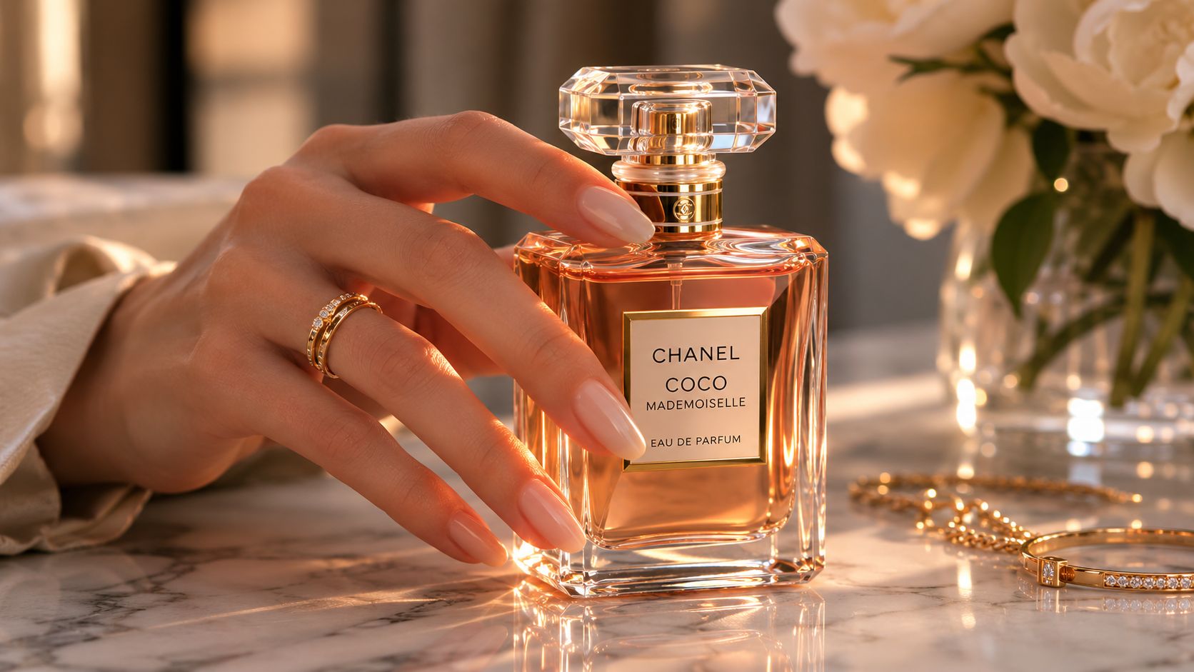 A hand with elegant nails holds a bottle of Chanel Coco Mademoiselle perfume on a marble surface.
