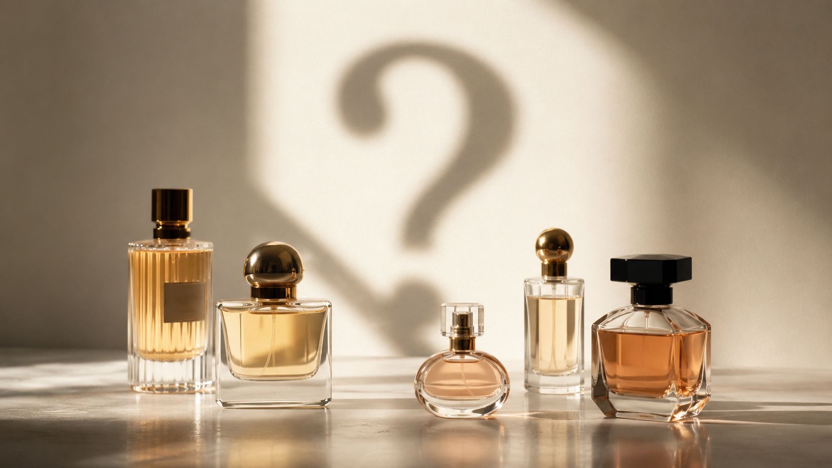 Several elegant glass perfume bottles arranged on a surface with a question mark shadow background.