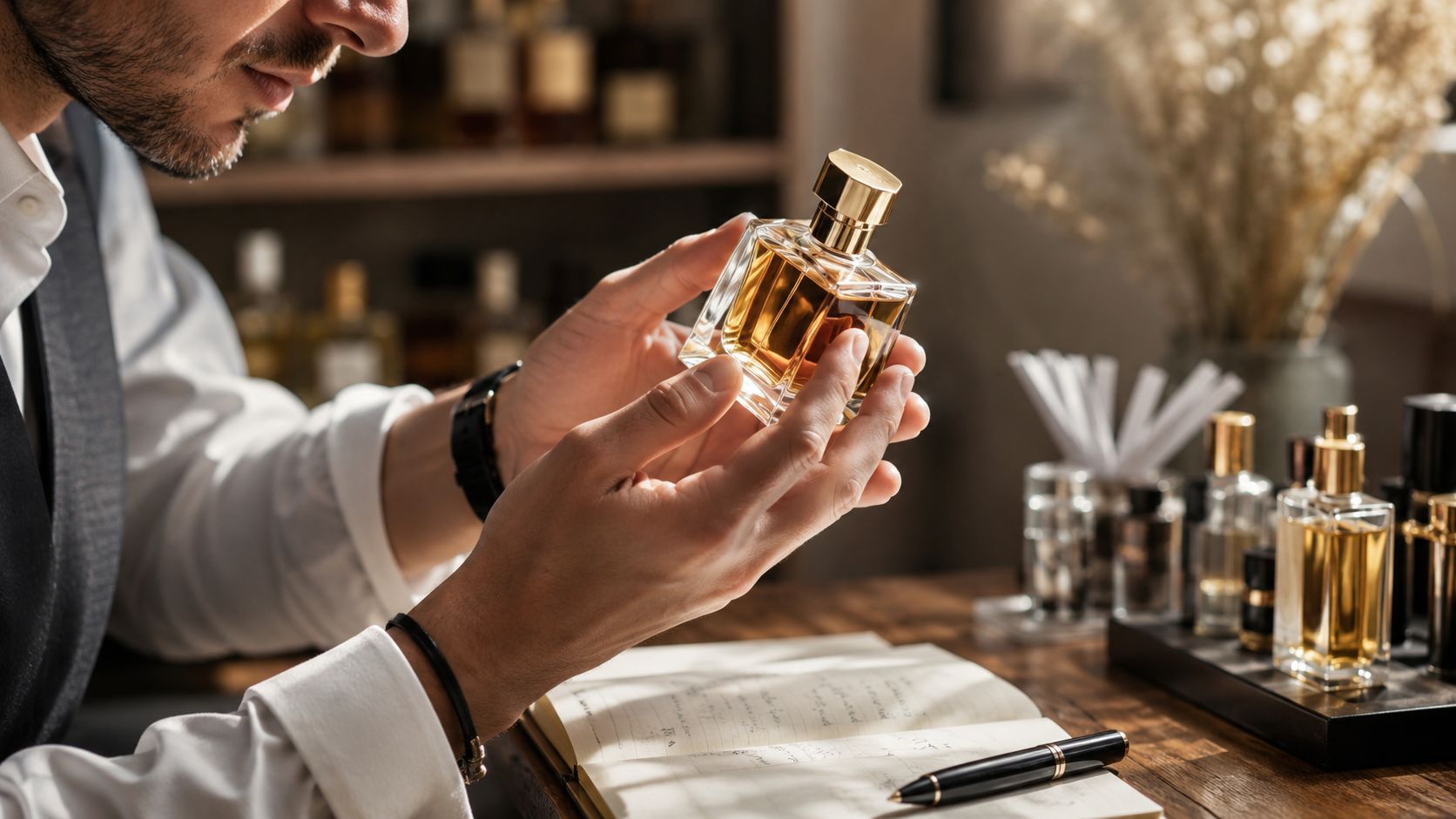 A sophisticated perfumer holding a bottle of luxury perfume in a well-lit atelier with notes and testers.