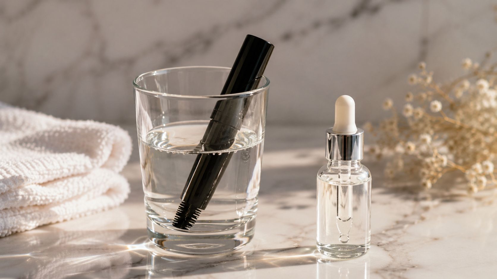 Mascara tube soaking in a glass of water next to a dropper bottle and white towel.