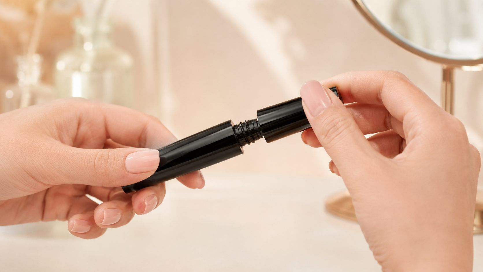 A person holding an open black tube of mascara, demonstrating a step in a beauty routine.