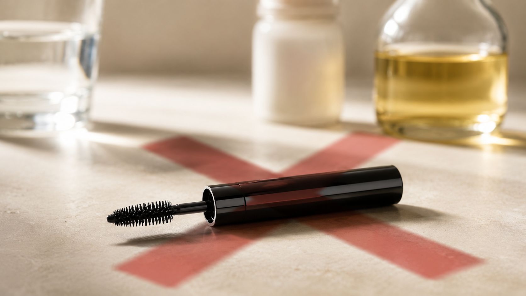 A mascara wand resting on a red X mark on a table with nearby bottles.