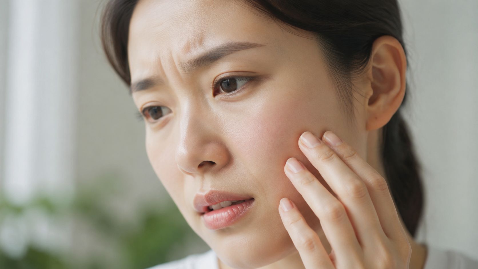A concerned woman examining the skin on her cheek for signs of redness, acne, or irritation.