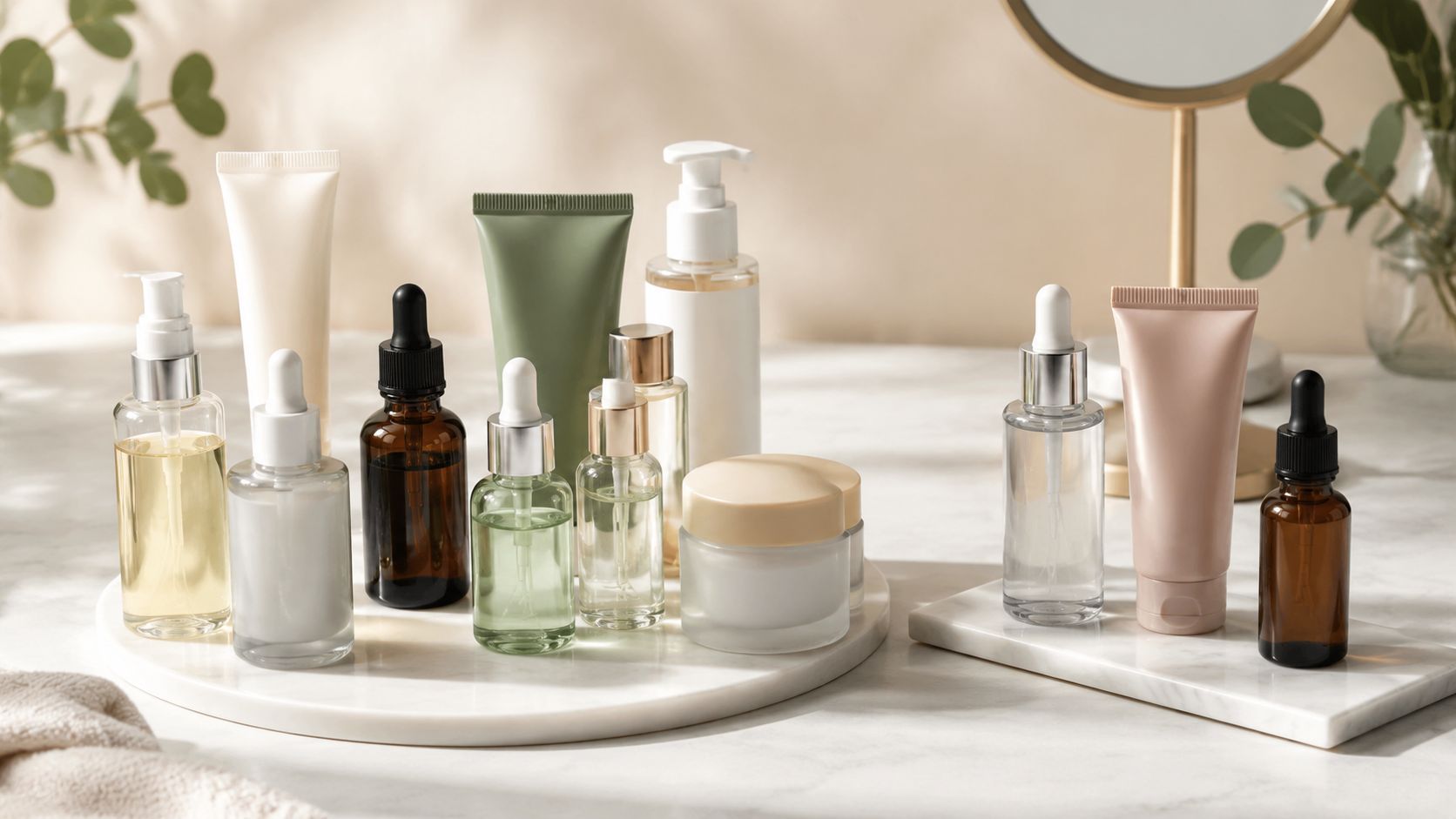 A collection of various skincare bottles, tubes, and jars displayed on white marble surfaces with natural lighting.