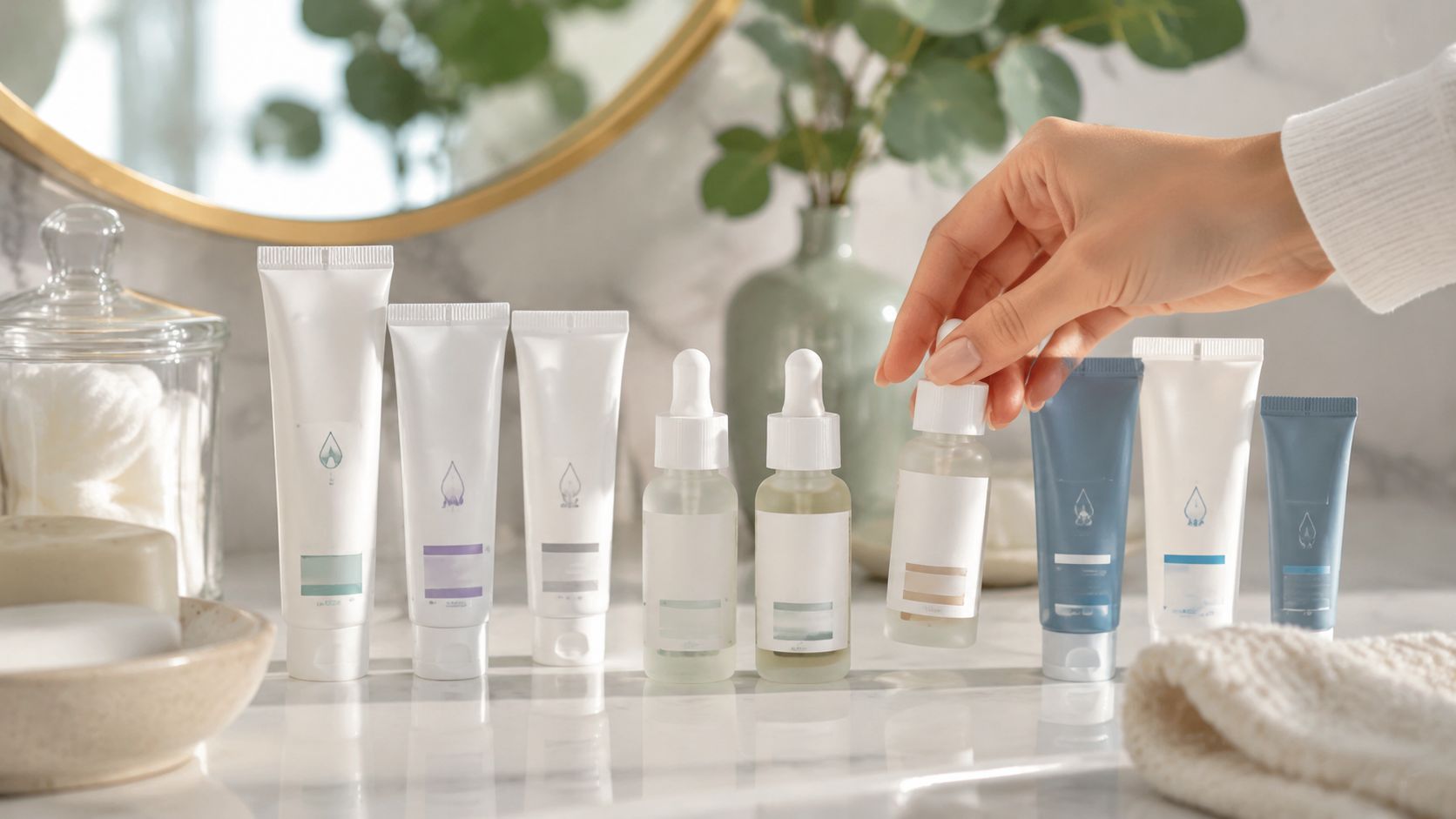 A hand selecting a serum bottle from a collection of various skincare products on a marble countertop.