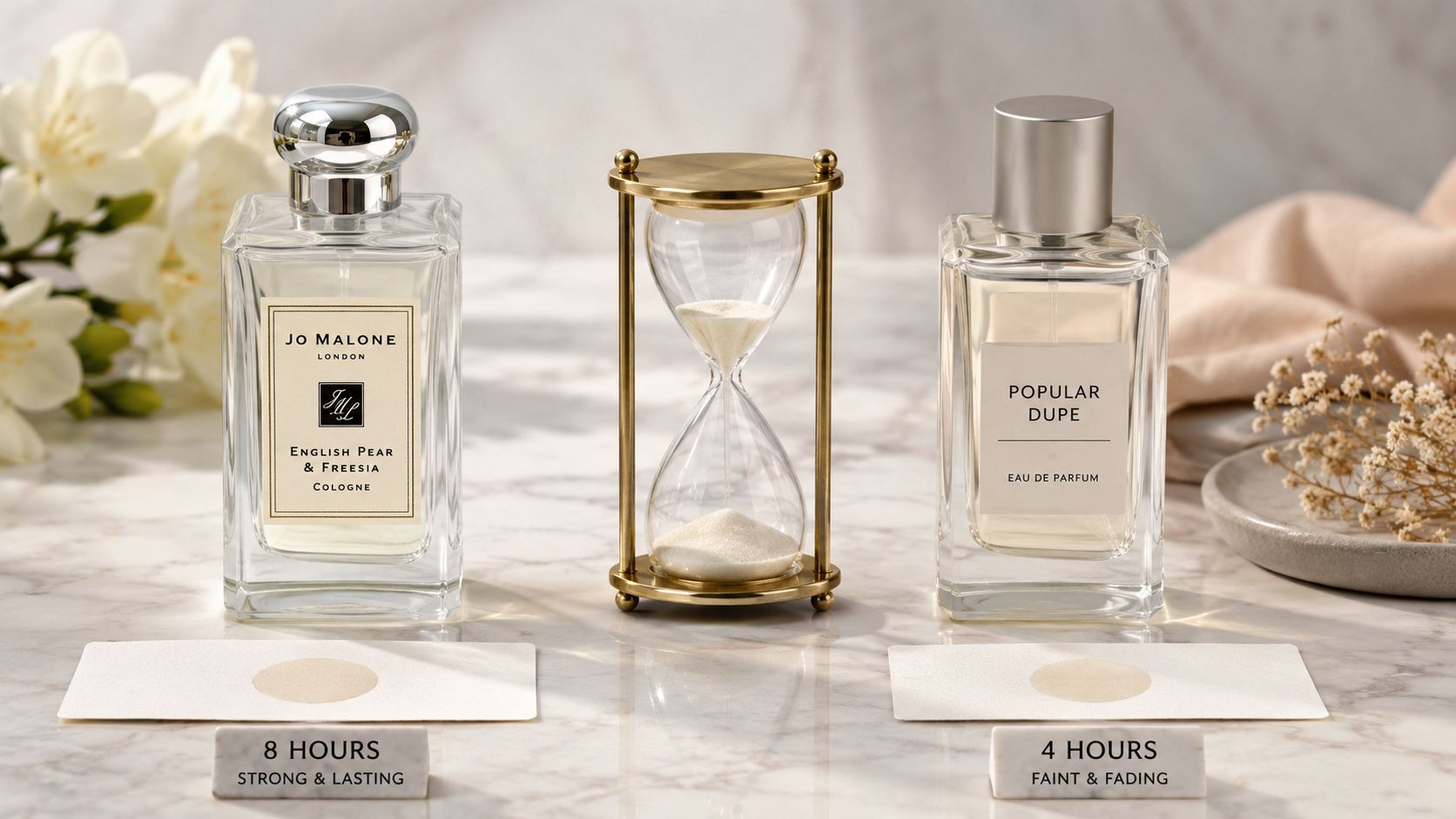 A comparison between a Jo Malone perfume and a cheaper dupe with an hourglass and duration labels.