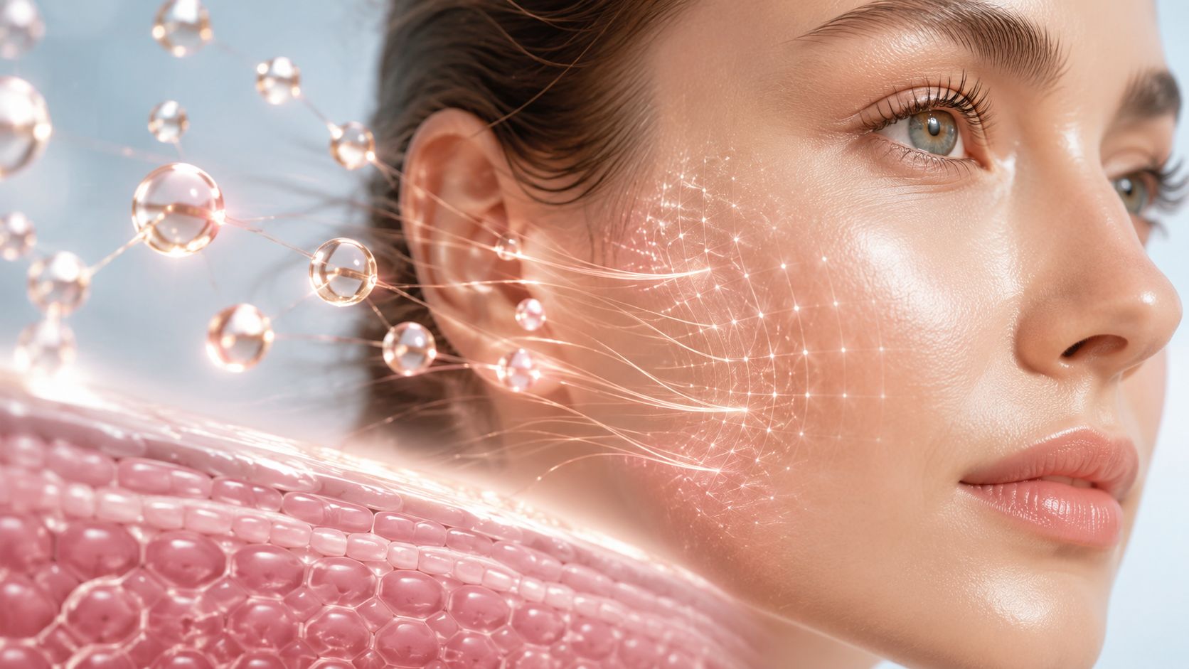 A close-up of a woman's glowing skin with floating molecular structures representing peptide serum absorption.