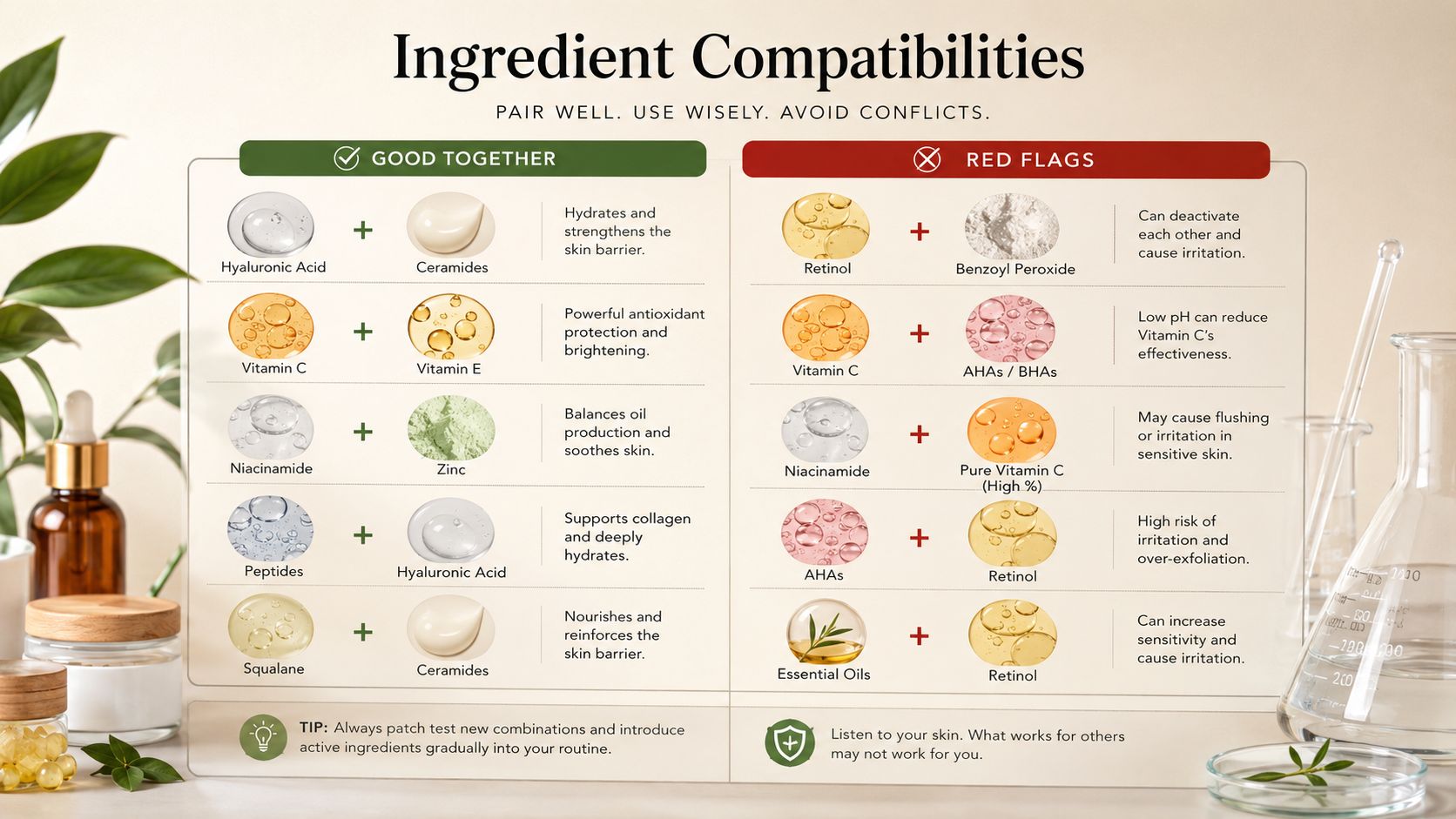 An infographic chart displaying good and bad combinations for various skincare ingredients like vitamin C and retinol.