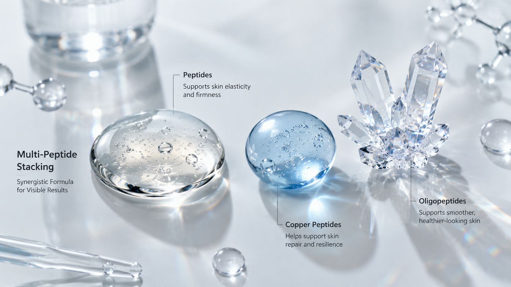 A close-up view of clear and blue serum droplets accompanied by crystals representing peptide skincare ingredients.