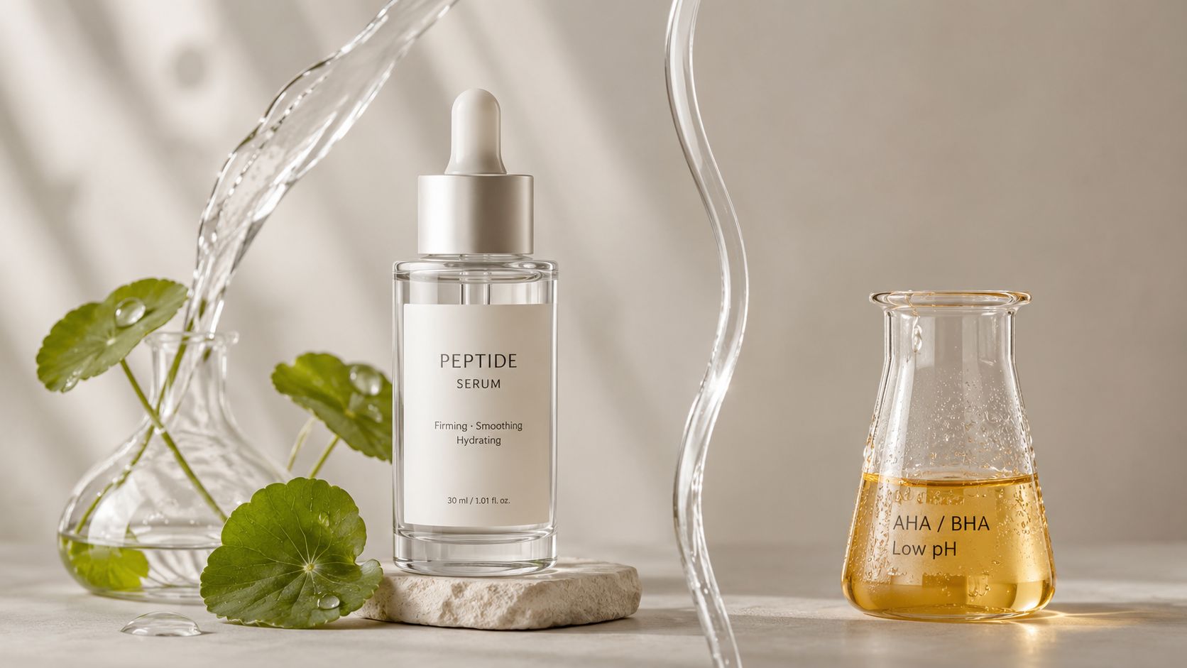 A luxurious peptide serum bottle displayed on a stone surface with water splashes and green leaves.