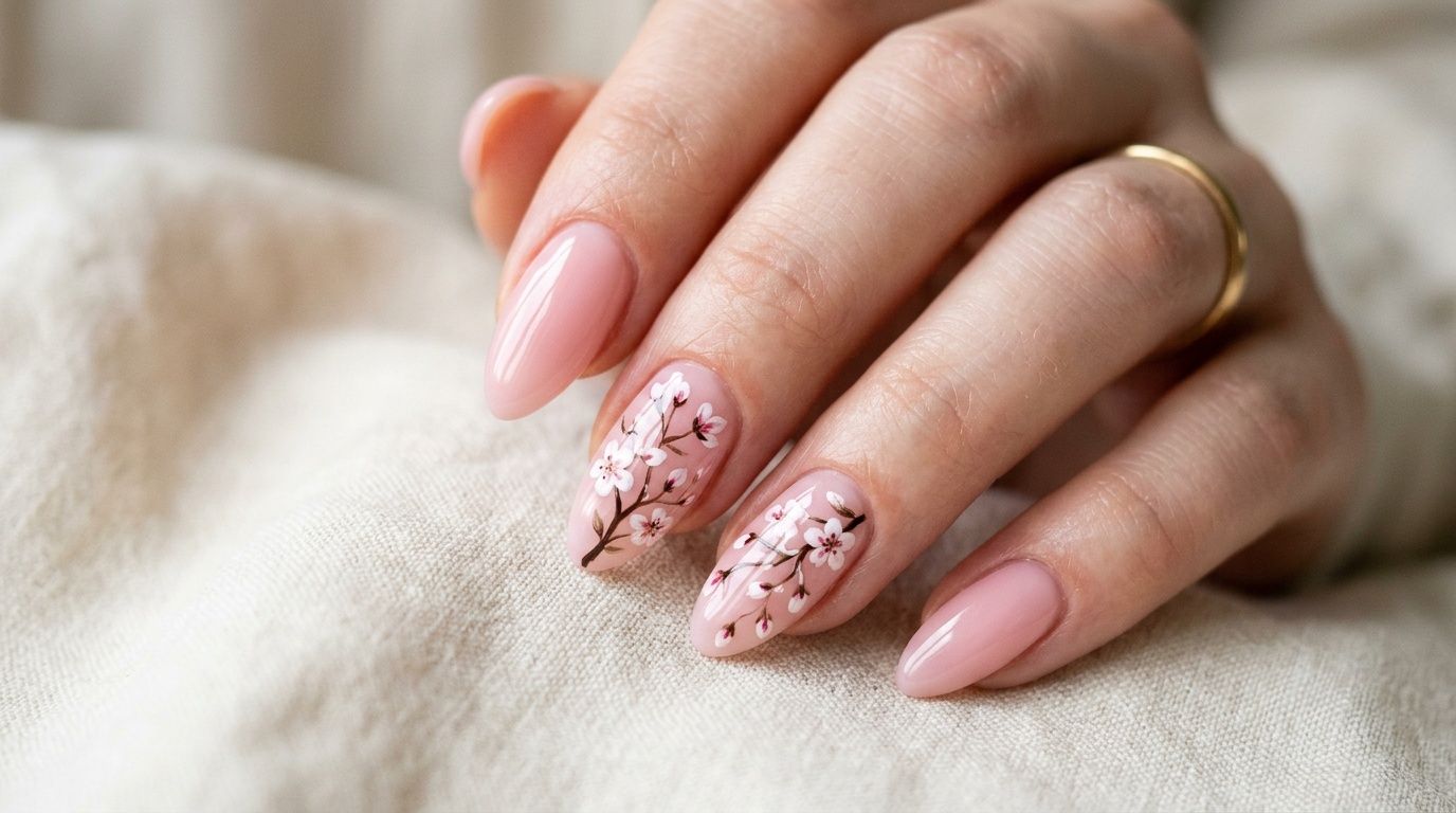 A close-up view of elegant almond-shaped nails featuring delicate cherry blossom art on a soft linen background.