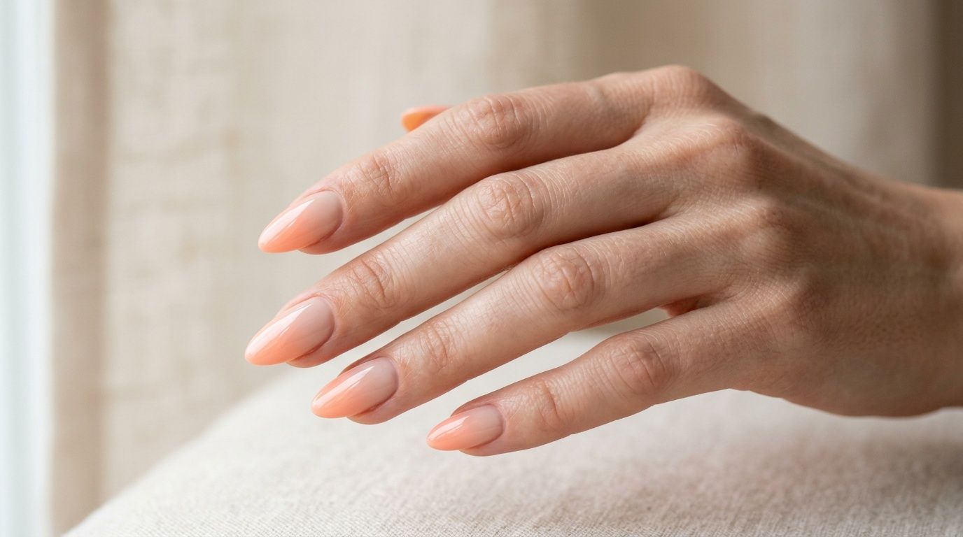 A close-up of a woman's hand showcasing elegant almond-shaped nails with a smooth peach ombre manicure.