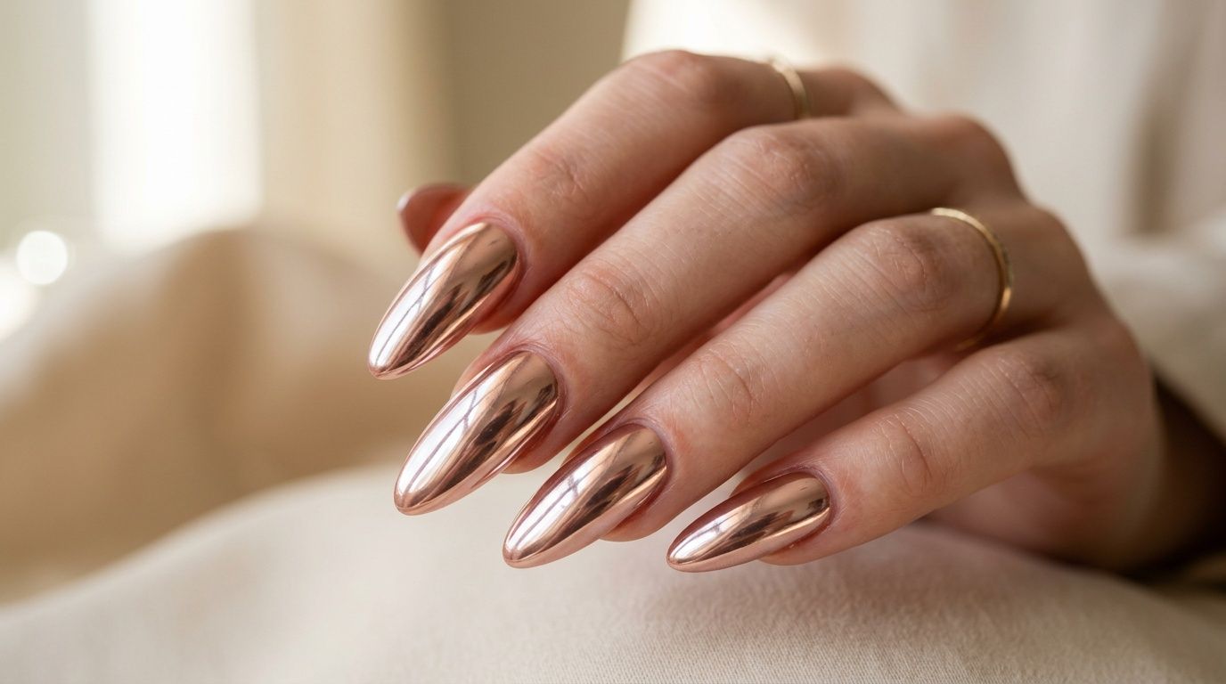 A close-up of a person's hand showcasing stylish almond-shaped nails with a polished rose gold metallic finish.