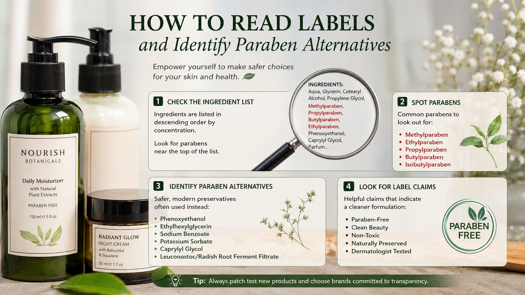 An infographic titled how to read labels and identify paraben alternatives with skincare product bottles nearby.