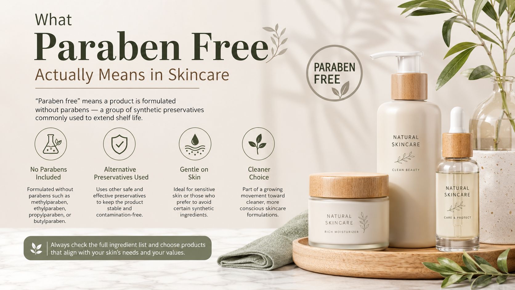 A skincare graphic explaining the meaning of paraben free products with bottles, jars, and text information.