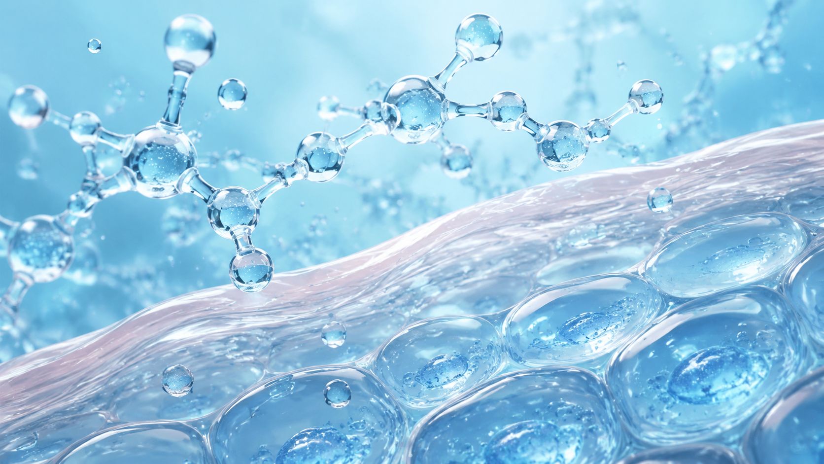 A 3D illustration showing a molecular structure interacting with skin cells for deep hydration skincare.