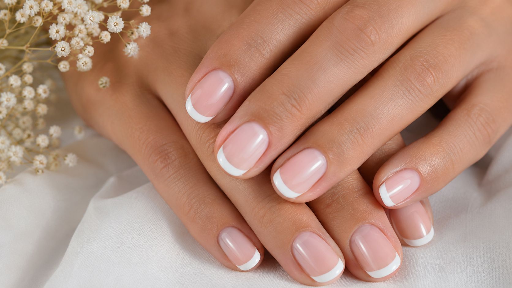 Close up of elegant well-groomed hands with a classic French manicure on short square-shaped fingernails.