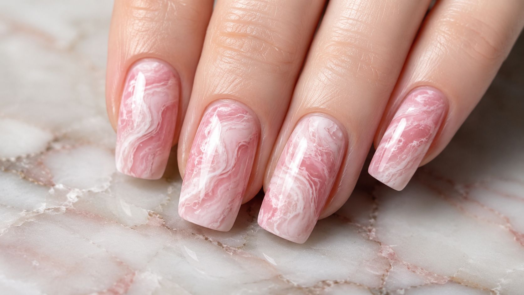 A close-up shot of elegant fingers with soft pink and white marble patterned manicured nails